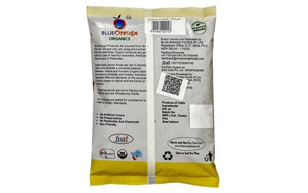 Blue Orange Organics Masur Whole    Pack  500 grams